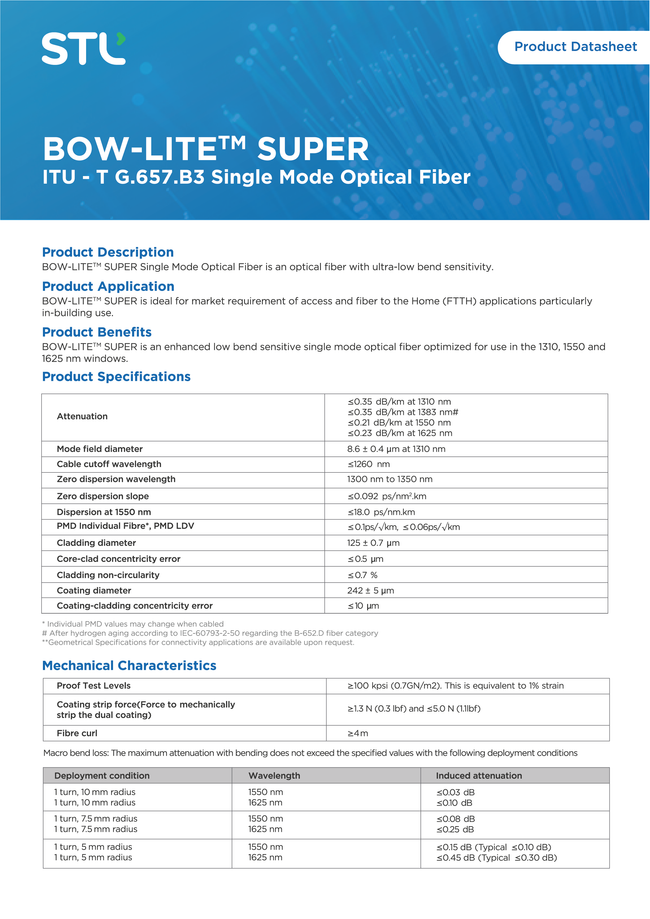 Bow-Lite Super - Single Mode Optical Fibre G.657.B3